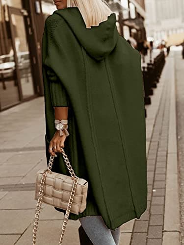 Aoysky Womens Long Cardigans Cable Knitted Open Front Oversized Hooded Outerwear Sweater Coat Army Green - Thumbnail 3