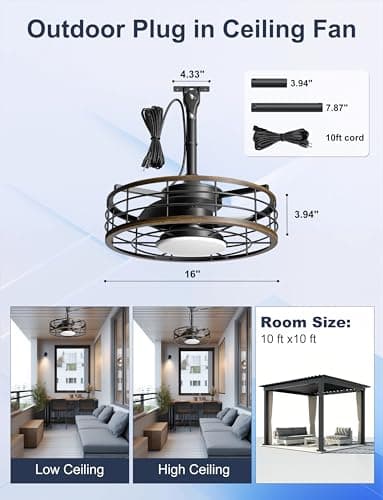 Phylluz Outdoor Ceiling Fan with Lights - 16'' Wet Rated Gazebo Fan Remote/APP Control, Caged Hanging Fan Plug and Play for Covered Patio Porch, Wood Color - Thumbnail 5
