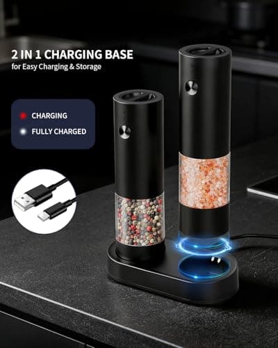 CIRCLE JOY Electric Salt and Pepper Grinder Set with Charging Base, Rechargeable Automatic Pepper Mill, Adjustable Coarseness, LED Light, 140ml Large Capacity - Thumbnail 2