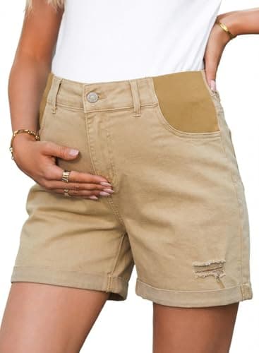 BLENCOT Women Maternity Jean Shorts Under Belly Stretchy Comfy Rolled Cuff Pregnancy Ripped Denim Shorts with Elastic Panel Khaki 2XL - Image 1
