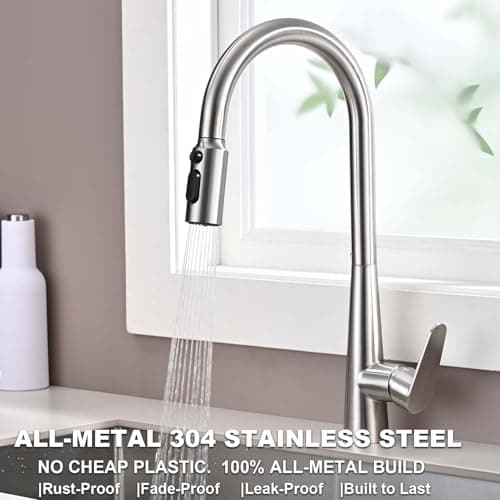 Metal Kitchen Faucet Head Replacement, 3-Function Pull Down Spray Head for Kitchen Faucet, High Pressure Sink Spray Nozzle with 9 Adapters Compatible with Most Faucets, Brushed Nickel - Thumbnail 4