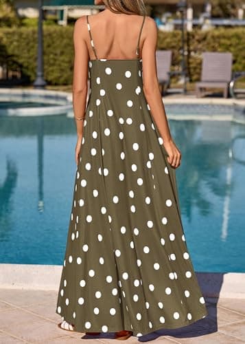 KIRUNDO Polka Dot Dress for Women Summer 2026 Sleeveless Spaghetti Strap Beach Vacation Cruise Boho Long Flowy Maxi Dresses(Army Green, Small) - Thumbnail 6