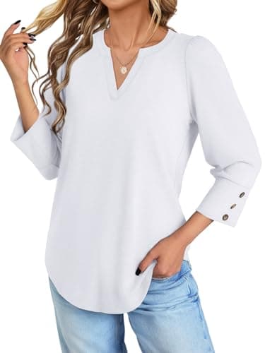 NORACORA 3/4 Length Sleeve Womens Tops with Button Cuffs Dressy Casual Blouses for Women V Neck T Shirts Beach Vacation Spring Summer Outfits White XL - Thumbnail 2