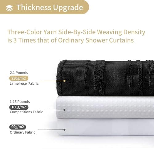 Lameirose Black Shower Curtain Boho, Cotton Blend Waffle Shower Curtains Textured, Fabric Shower Curtain for Bathroom, Hotel, Washable,72 x 72 - Thumbnail 2