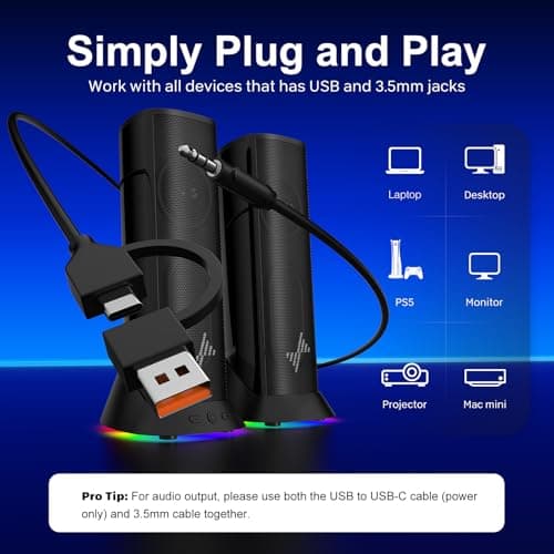 Nylavee Computer Speakers for Desktop PC, Immersive Sound with RGB Lights, USB/USB-C Powered & 3.5mm AUX-in Plug-and-Play Speakers for Monitor & Laptop - Thumbnail 5