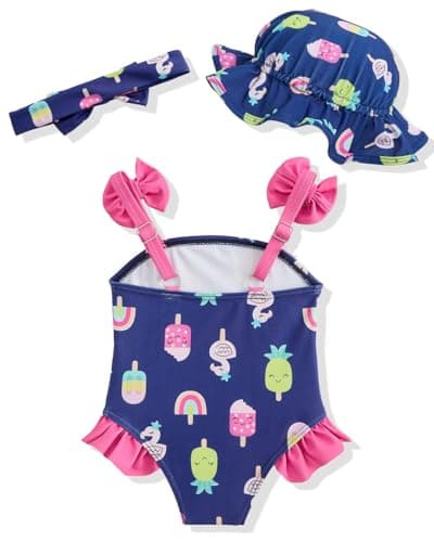 DivingBirds Baby Girl Swimsuit with Sun Hat & Headband Set, Infant One Piece Bathing Suit Newborn Summer Beach Gift,Black Ice Cream,3-6 Months - Thumbnail 5