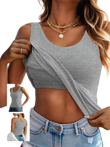 Ninee Womens Built in Bra Tank Tops Summer Casual Cami Tanks Wide Strap Scoop Neck Camisole Top (Grey,Medium) - Image 1