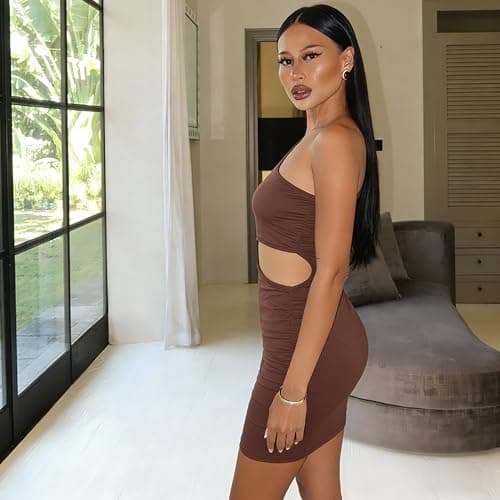 AGVNG Womens Sexy One Shoulder Bodycon Mini Dress Asymmetrical Cut Out Sleeveless Slim Fit Party Club Going Out Short Dresses Brown L - Thumbnail 3