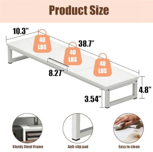 huacz Dual Monitor Stand Riser, 38.7'' Long Wood and Steel Monitor Stand for 2 Monitors, Ergonomic Desktop Organizer with Tablet Stand for Computer,Laptop,TV (White) - Thumbnail 4