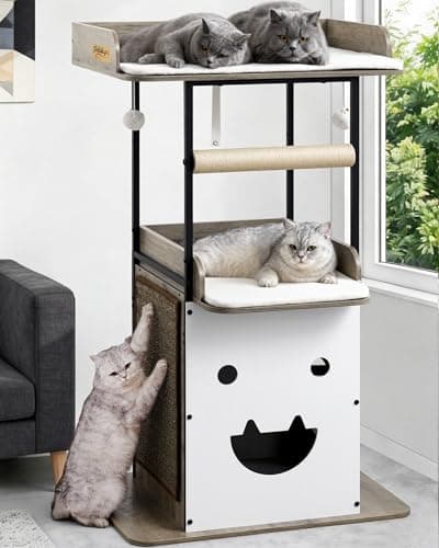 Feliskyn Wood Modern Cat Tree Tower for Indoor Large Cats,48-Inch Tall Wooden Cat Trees with Big Perch Bed, Multi-Level Condo with Scratching Board and Posts, Removable Pads, Cat Furniture, Greige - Image 1