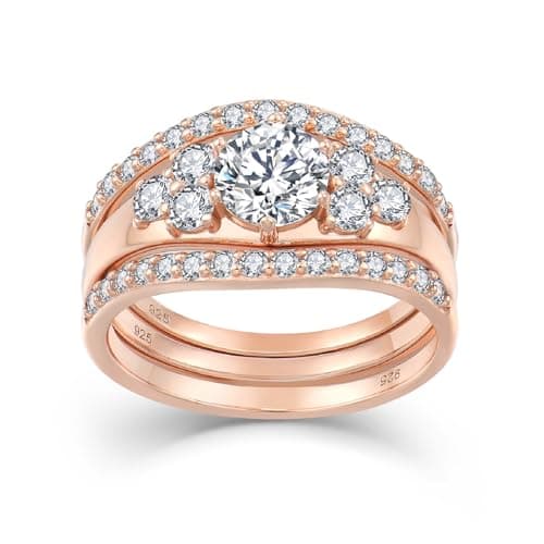 Vinoya 925 Sterling Silver Wedding Rings for Women Cubic Zirconia Rose Gold Plated Rings Three-in-One Engagement Promise Eternity Bands for Bridal Stackable Ring Size 6