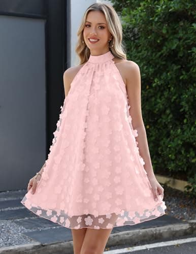 Gleeneat Womens Summer Halter Bridal Shower Cocktail Short Wedding Guest Tulle Floral Dresses for Bride 2026 A Line Homecoming Formal Rehearsal Dinner Engagement Dress Flowy Dress Outfit Light Pink - Thumbnail 2