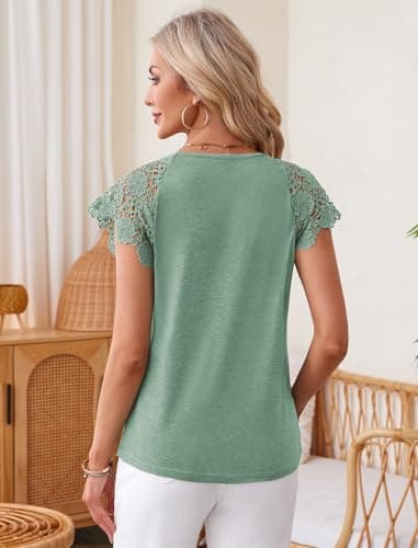 Angashion Womens Tops Lace Short Sleeve Casual V Neck Tunic with Button Summer Elegant Business Work Blouse Light Green Small - Thumbnail 6
