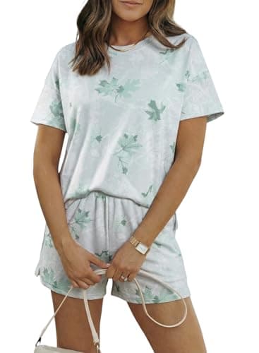EVALESS 2 Piece Sets for Women Summer Shorts Sets Spring Fashion 2026 Beach Vacation Outfits Resort Wear Casual Crewneck Short Sleeve Printed Matching Sets Green Large - Image 1