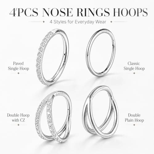 AOzT 4Pcs 16G Nose Rings Hoops - 10mm Septum Clicker Rings for Women Men, 316 Stainless Steel Hinged Nose Hoop Piercing Jewelry for Septum Cartilage Tragus Helix Lip, Silver - Thumbnail 3