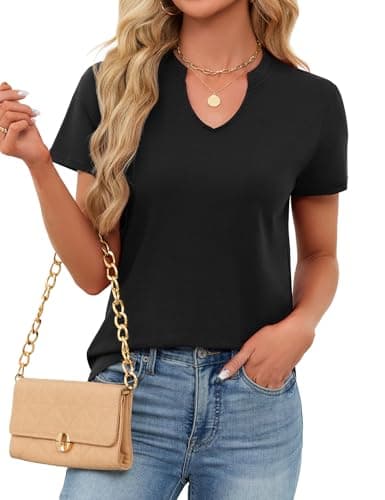 Women's V Neck Cotton T-Shirts Breathable Short Sleeve Tops Lightweight Stretch Summer Tees (Black,Small) - Thumbnail 3