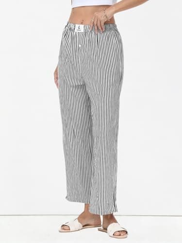 Lallabai 2026 Women Striped Gingham Palazzo Cropped Pants Lounge Boxer Pajama Pants Wide Leg PJ Bottoms Trousers with Pockets - Thumbnail 4
