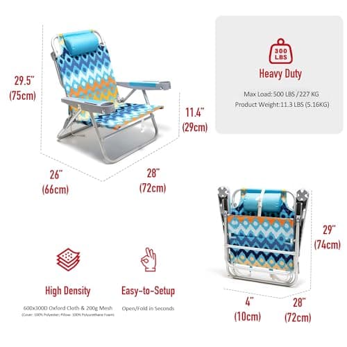 SUNNYFEEL Extra Wide 28" Low Beach Chair 5 Position Lay Flat, XL Oversized Portable Folding Camping Chairs with Cup Holder for Outdoor/Trip, Lightweight Foldable Backpack Beach Chair for Adults - Thumbnail 2