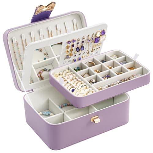 Lolalet 2 Layer Jewelry Box for Teen Girls & Young Women, Jewelry Organizer Case with Bow Clasp and Mirror for Earrings Rings Necklaces Storage, Gift Idea -Purple - Thumbnail 4