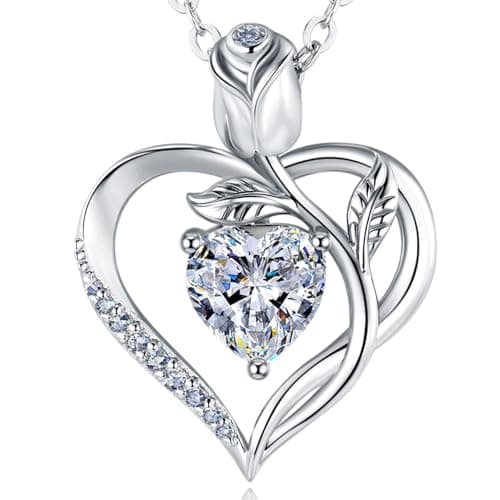 JACUPO Heart Birthstone Silver Necklace for Women(04 - Moissanite)