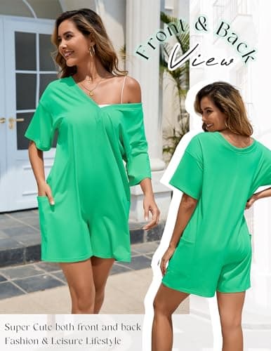 NILOINE Short Rompers for Women Summer Oversized Casual Athletic Workout Cute Beach Romper Shorts Jumpsuit Outfits(4-Green,Small) - Thumbnail 4