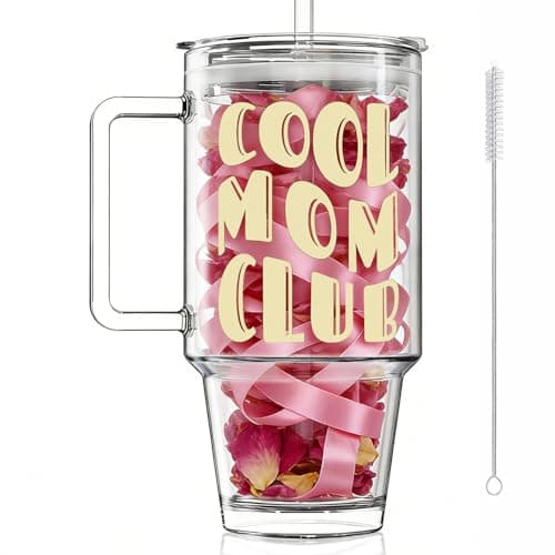 Mothers day gifts 24oz Glass Tumbler with Handle and Leak-Proof Lid,1PCS Cute COOL MOM CLUB Print Glass Cup for Iced Coffee, Tea, Smoothies, Perfect Mama Birthday Gift for Mom from Daughter, Son - Image 1