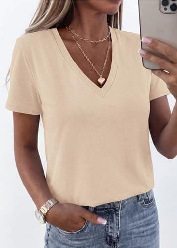 KIRUNDO V Neck T Shirts for Women Summer Tops Oversized Spring Short Sleeve Casual Basic Tees Tunic Blouse Fashion Clothing(Beige Apricot, Large) - Thumbnail 2