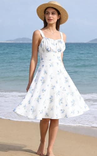 Belle Poque Blue Floral Dress for Women 2026 Summer Sleeveless Flowy Midi Sundress Vintage Corset Milkmaid Dress Small - Thumbnail 5