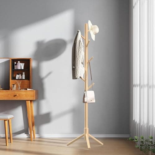 Aliphon Wooden Coat Rack Stand, Freestanding Coat Rack with 8 Hooks, 3 Adjustable Size Coat Tree for Hats, Coats, Scarves bags, Coat Hanger Stand Used in Bedroom/Office/Entryway,2 PCS (Natural) - Thumbnail 3