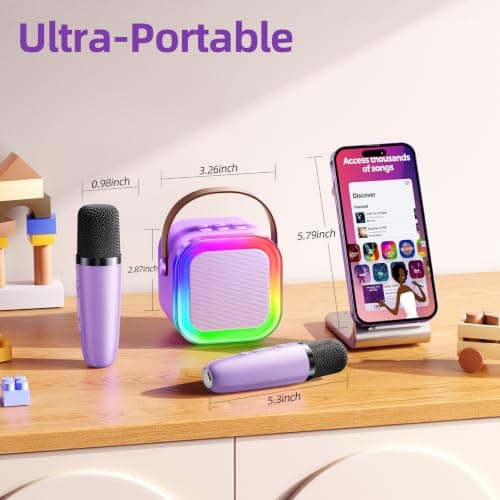 Kinglucky Kids Karaoke Machine with 2 Wireless Mics for Girls Age 3-12, Premium Sound & 5 Fun Voice Effects, Fun Birthday & Easter Toy, Safe & Durable Bluetooth Speaker (Purple) - Thumbnail 6