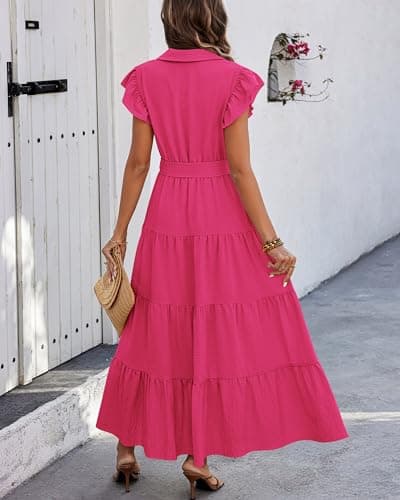 dowerme Women's Summer Casual Dresses 2026 Cap Ruffle Sleeve V Neck Button Belted Tiered Boho Maxi Dress with Pockets(Rose Red,Large) - Thumbnail 5