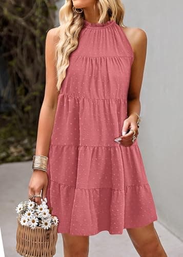 KIRUNDO Summer Sundresses for Women Spring Halter Flowy Babydoll Tiered Pleated Beach Wedding Guest Vacation Cruise Dress(Dot-Bean Paste Pink, X-Large) - Thumbnail 3