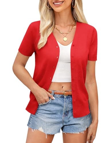 GRACE KARIN Womens Red Cropped Cardigans, Plus Size Basic Summer Short Sleeve Sweaters, Cardigans for Women Trendy(Red,2XL) - Image 1