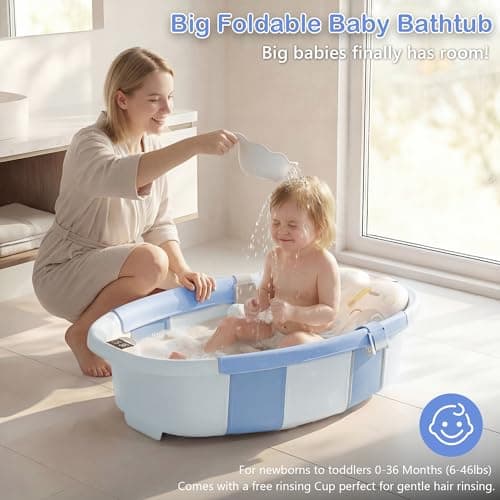 Collapsible Baby Bathtub - Large Baby Bath Tub with Thermometer | Bath Essential Bañera para Bebe Easy Fold Baby Tub | Travel Infant Newborn Toddler Bathtub for Baby Girl Boy 0 to 36 Months (Blue) - Thumbnail 2
