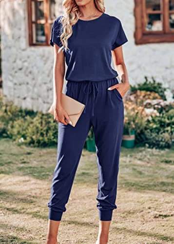 KIRUNDO Jumpsuits for Women Summer 2026 Casual Short Sleeve One Piece Outfits Drawstring Waist Long Pants Romper Jumpers(Navy, Medium) - Thumbnail 3