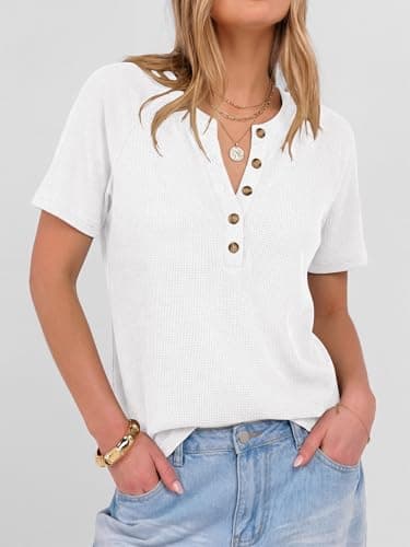ANRABESS Women Waffle Knit Tops Short Sleeve Henley Shirts Dressy Casual Blouse 2026 Spring Fashion Outfits Trendy Clothes White Mediun - Thumbnail 2