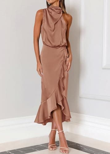 KIRUNDO Women 2026 Spring Summer Satin Mock Neck Wedding Guest Party Cocktail Midi Dress Sleeveless Wrap Ruffle Formal Dress(Champagne, Small) - Thumbnail 4