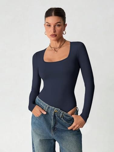 ATHMILE Women's Square Neck Long Sleeve Bodysuit Ribbed Slim Fitted Tops Dark Blue - Thumbnail 2