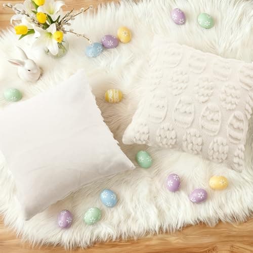 decorUhome Cream White Faux Fur Egg Throw Pillow Covers 18x18 Set of 2 - Thumbnail 4