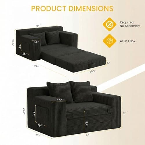 Boneless Loveseat Sleeper Sofa Bed: 3-in-1 Convertible Sofa Bed with Side Pockets & Handle,Pull Out Couch with 2 Pillows,Folding Futon for Small Space,Living Room & Bedroom,Corduroy Fabric,No Assembly - Thumbnail 3
