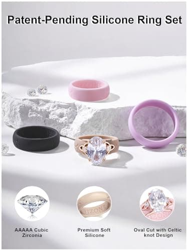 Silicone Ring with Stone Silicone Rings for Her–Comfortable Everyday Workout Ring, 4 Colors Included, Rose Gold Plated Cubic Zirconia Oval Ring with Celtic Knot, Patent Pending Design, Rose Gold Plated Size 10 - Thumbnail 3