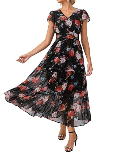 GRACE KARIN Women Summer Dress,Maxi Floral Dresses,V Neck Wedding Guest Flowy Dress 2026 Black with Roses XL - Image 1