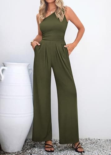 KIRUNDO One Piece Jumpsuits For Women Dressy 2026 Sleeveless One Shoulder Ribbed Wide Leg Rompers With Pockets Summer Outfits - Thumbnail 6