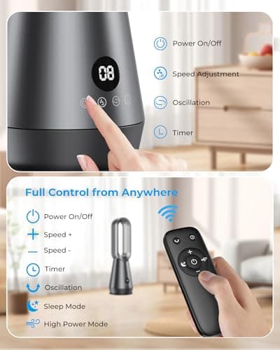 AIYATO Bladeless Tower Fan for Bedroom - 22 Inch Standing Fan, Cooling Fan with Remote, 8 Speeds, LED Display, 1-9H Timer, Low Noise, 80° Oscillating Tower Fans for Home, Office, Gunmetal - Thumbnail 6