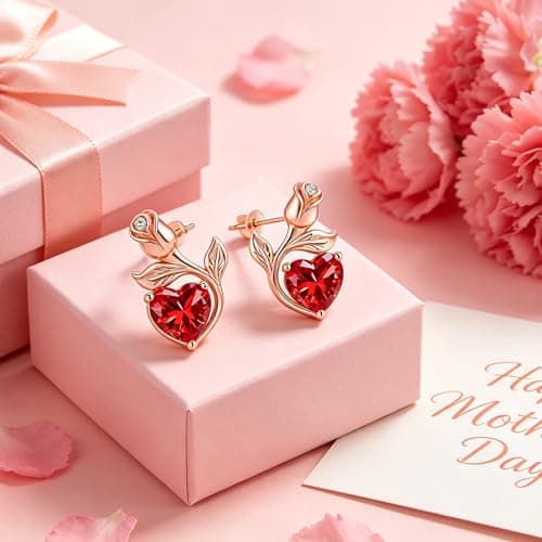 JACUPO 0.8CT Rose Heart Earrings Option of Sapphire Moissanite Stud Earrings Lab-Grown Earrings Birthstone Earrings for Women S925 Sterling Silver Post D Color VVS1 Clarity Ideal Gift for Wife Mother for Birthday Anniversary Valentine's Day Conveying I Love You Message (Jan/Jul Ruby Rose Gold) - Thumbnail 6
