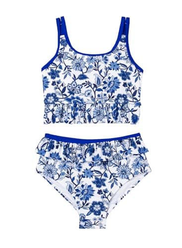 blibean Tween Girls Swimsuits Kids Two Piece Bikini Sets Teen Girl Summer Fashion Boho Hawaii Swim Bathing Suits Floral Ruffled Beach Swimwear Sets Traje Baño Niñas Size 8-9 Year Old Dark Blue - Image 1