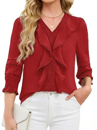 Funlingo Women Blouses Dressy Casual 3/4 Length Sleeve Womens Boho Tops Spring Ruffle V Neck Lace Shirts Summer Beach Vacation Clothes Red 2XL - Image 1