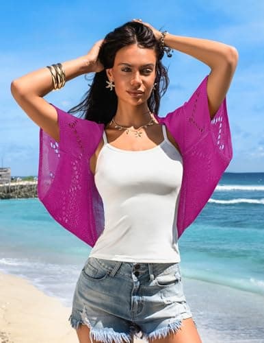 BB&KK Women's Crochet Cardigan Kimono Boho Short Sleeve Lightweight Soft Open Front Knitted Bolero Shrugs M Purple - Thumbnail 3