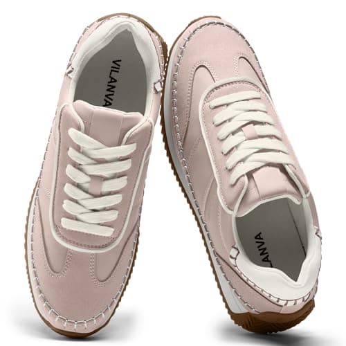 Vilanva Women's Pink Fashion Sneakers Casual Tennis Shoes with Non-Slip Retro Gum Sole Ladies Walking Trendy Footwear Size 8 - Image 1