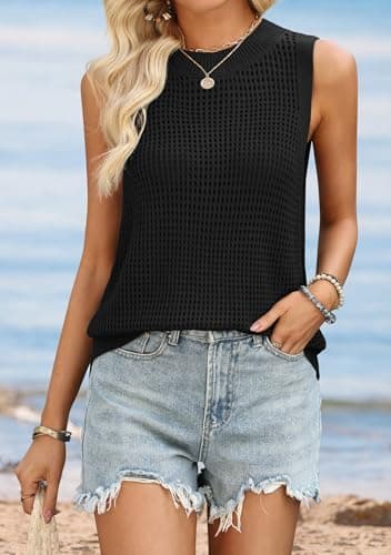 ATHMILE Summer Crochet Tank Tops for Women 2026 Casual Crewneck Hollow Out Loose Knit Sleeveless Sweater Vest Top Trendy Black - Thumbnail 2